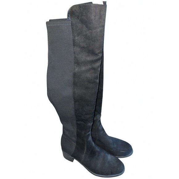 Black Suede Knee High Boots Size 8M Block Heel Riding Tall Zip Goth Twilight - Picture 8 of 13